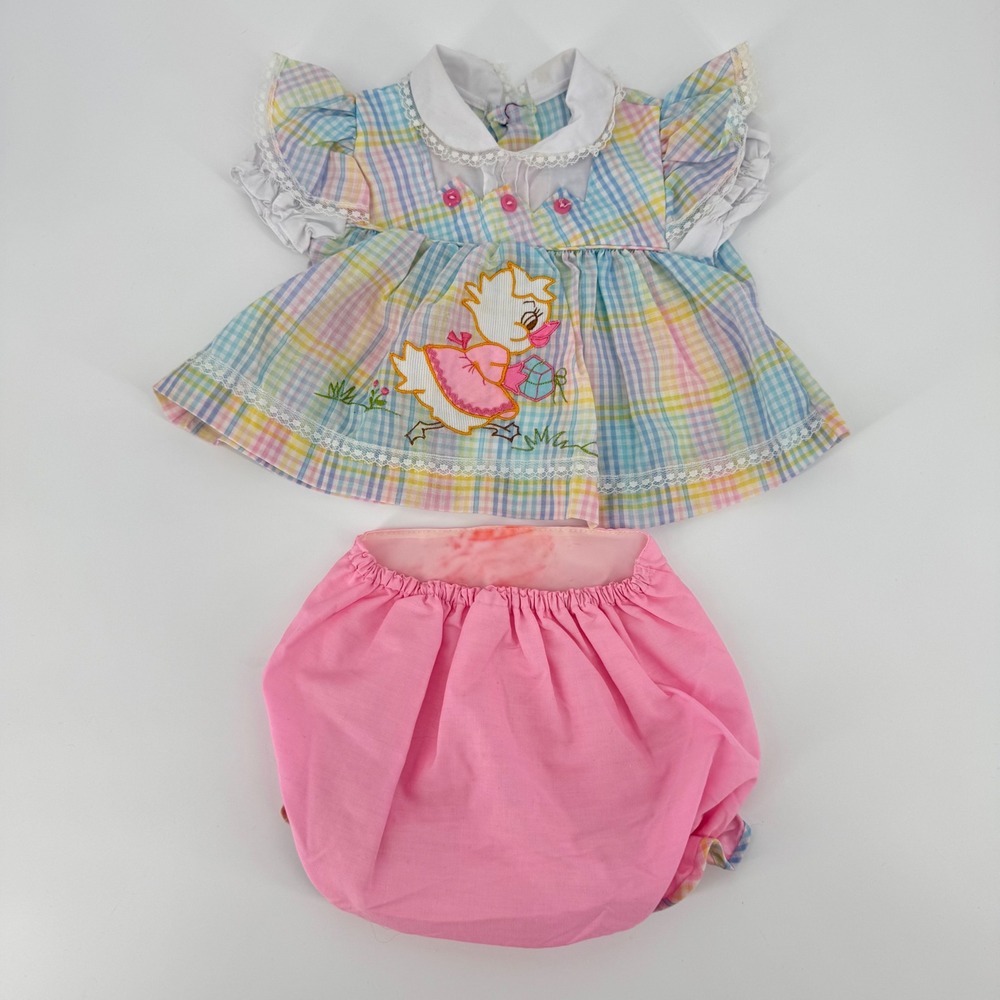 Vintage Baby Girl Pastel Plaid Duck Embroidered Top Bloomers Set Pink Blue